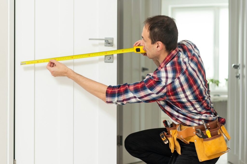 Locksmith, man and maintenance, handyman with home renovation and fixing, change door locks with